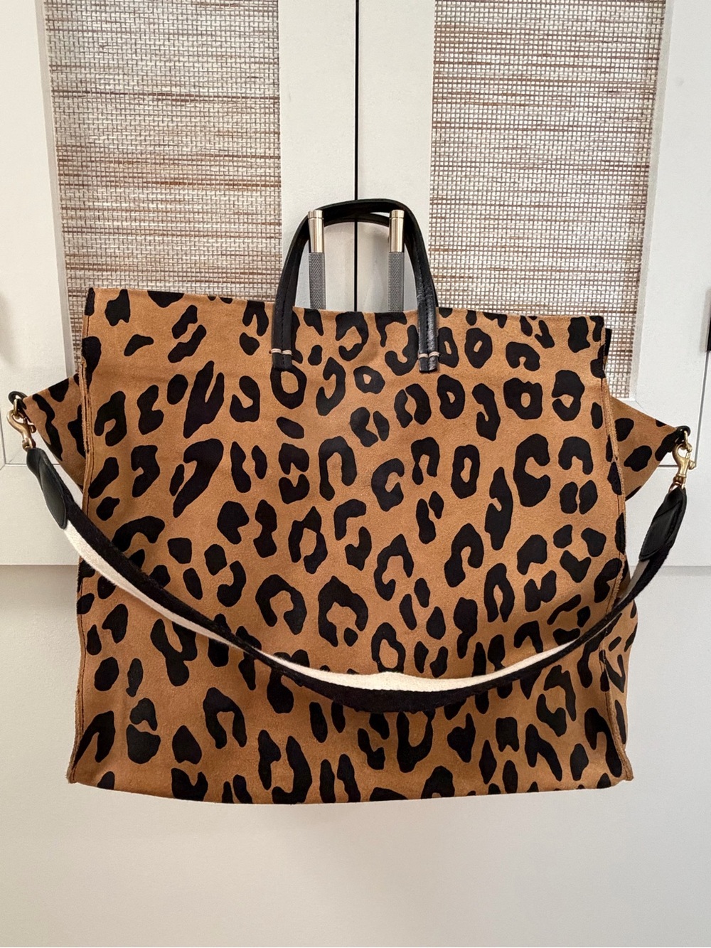 Claire V Leopard Print Tote Bag with Black Handles and Black and White Strap